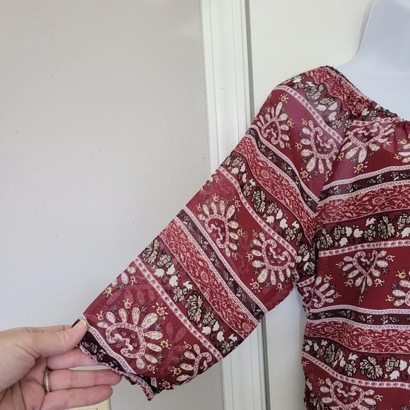 Calvin Klein Boho Red Print 3/4 Sleeve Gathered Waist Sheer Lined Dress Size M - Picture 5 of 12